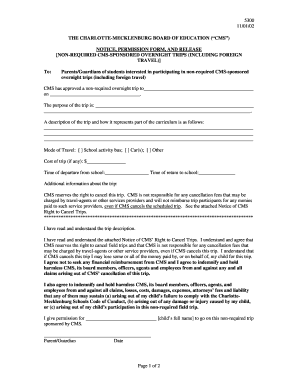 CMS Non-Required Overnight Trip Permission Form