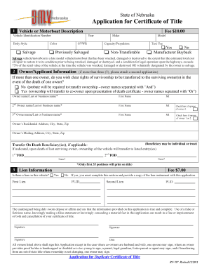 Nebraska Application for Certificate of Title