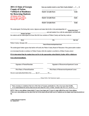Affidavit of Residence for Returning Students