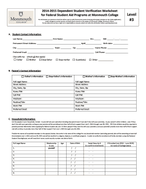 2014-2015 Dependent Student Verification Worksheet