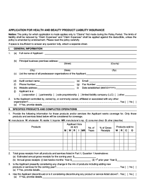 Health and Beauty Product Liability Insurance Application