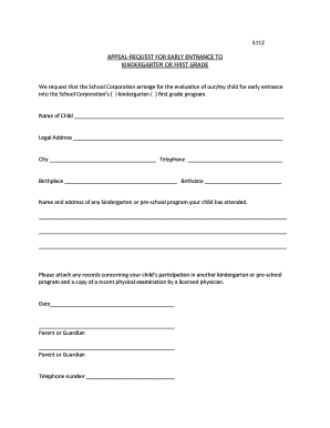 Appeal Request for Early Entrance to Kindergarten or First Grade