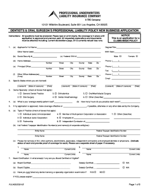 Dentist's Professional Liability Policy Application