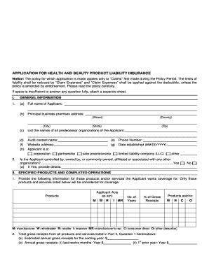 Health and Beauty Product Liability Insurance Application
