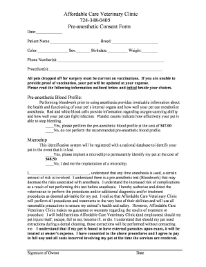 Veterinary Pre-Anesthetic Consent Form