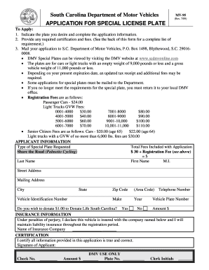 South Carolina Special License Plate Application