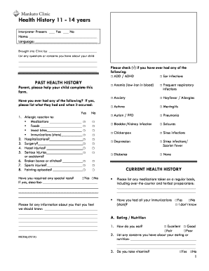 Health History Form for 11-14 Years