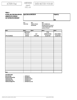 Alcohol and Drug Services Administrative Cost Distribution Worksheet