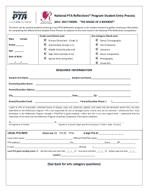 National PTA Reflections Program Student Entry Form