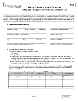 2016-2017 Dependent Verification Worksheet