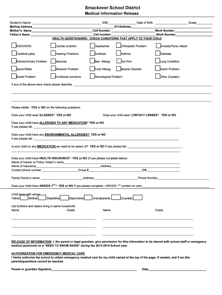 Fillable Online smackover Medical release of information 1314