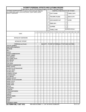 DA Form 4160 Patient's Personal Effects and Clothing Record