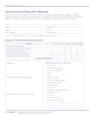 North Carolina Teacher Evaluation Summary Rating Form