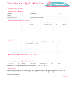 Fillable Online lincoln-pizza co Team Member Application Form - Dominos ...