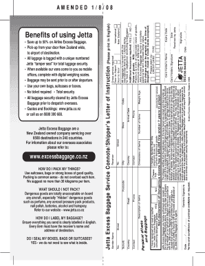 Jetta Excess Baggage Service Connote/Shipper's Letter of Instruction