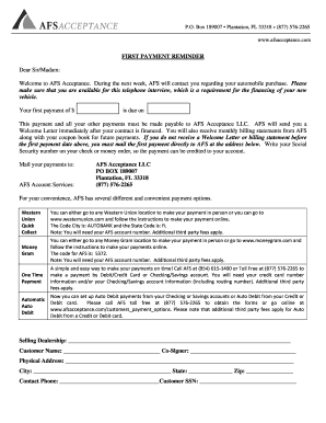 First Payment Reminder for Automobile Financing