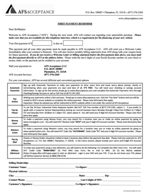 First Payment Reminder for Automobile Financing