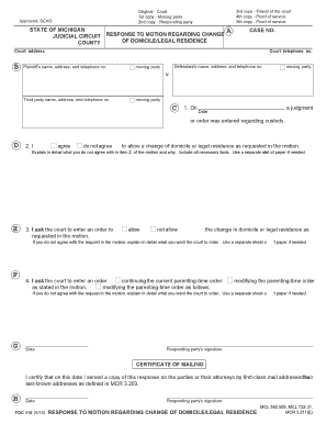 Response to Motion Regarding Change of Domicile/Legal Residence