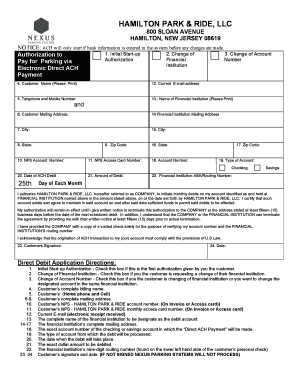 Hamilton Park & Ride Direct Debit Authorization Form