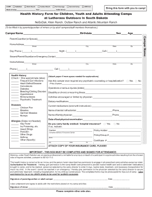 South Dakota Camp Health History Form