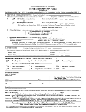 University of Texas at El Paso Payee Information Form
