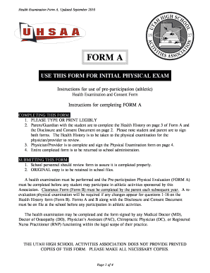 Utah High School Athletic Health Examination Form