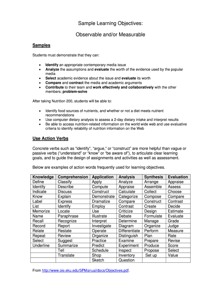 Fillable Online Sample Learning Objectives: Fax Email Print - pdfFiller