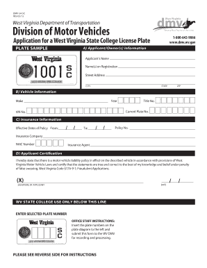 West Virginia State College License Plate Application