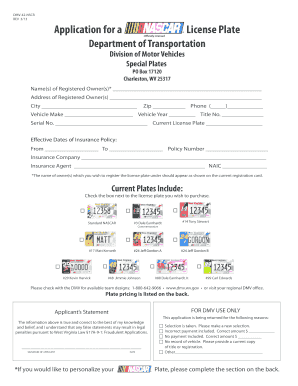 West Virginia NASCAR License Plate Application