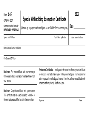 Kentucky Special Withholding Exemption Certificate