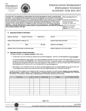 Verification Worksheet for FAFSA