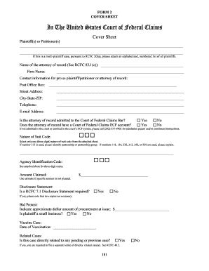 US Federal Claims Court Cover Sheet