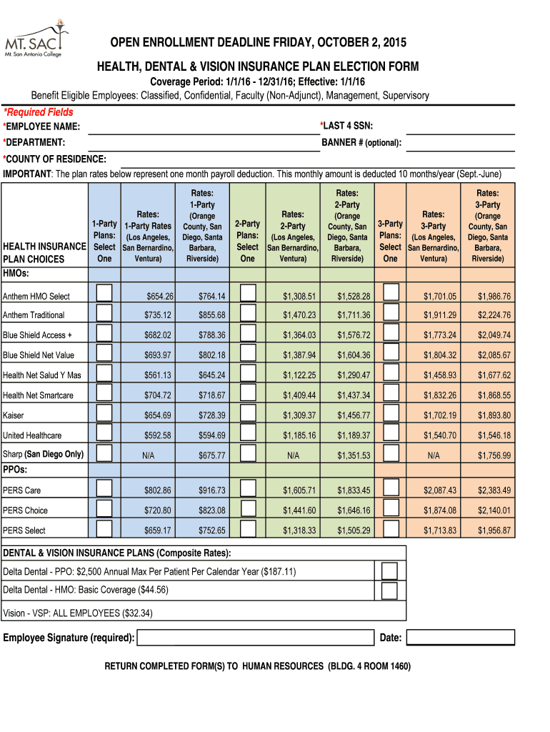 Fillable Online mtsac Health Dental amp Vision Insurance Enrollment