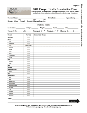 2010 Camper Health Examination Form