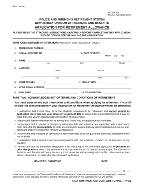 New Jersey Police and Firemen's Retirement Allowance Application