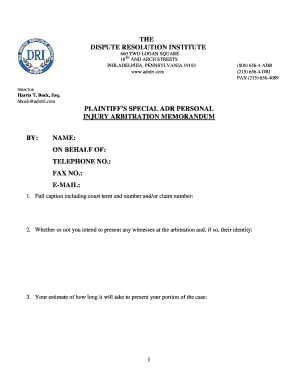 Plaintiff’s Special ADR Personal Injury Arbitration Memorandum
