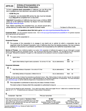 California Articles of Incorporation for General Stock Corporation