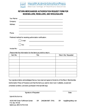 Return Merchandise Authorization Request Form