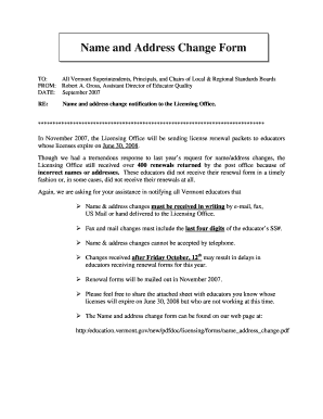 Vermont Educator Name and Address Change Form