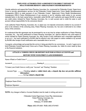Employee Authorization Agreement for Direct Deposit of Health Reimbursement Arrangement Reimbursements