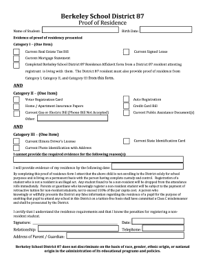 Berkeley School District 87 Proof of Residence Form