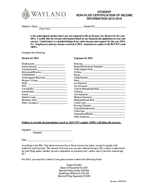 Student Non-Filer Certification of Income