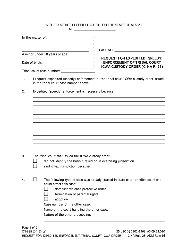 CN-635 Request for Expedited Enforcement of Tribal Court Order 3-15 Fill-in CINA Forms Preview on Page 1