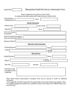 Metropolitan Health Plan Service Authorization Form