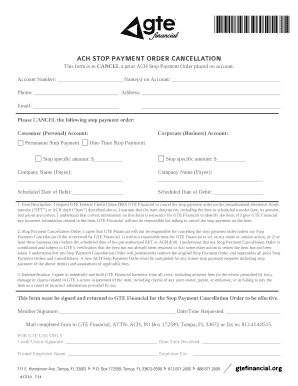 ACH Stop Payment Cancellation Form