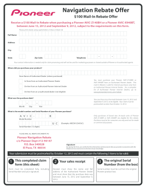 Pioneer Navigation Rebate Form