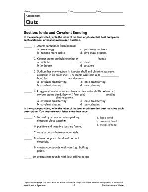 Ionic and Covalent Bonding Quiz