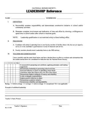 National Honor Society Leadership Reference Form