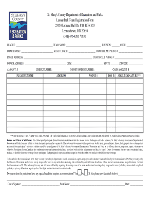 St. Mary's County Leonardhall Team Registration Form
