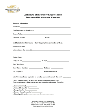 Certificate of Insurance Request Form